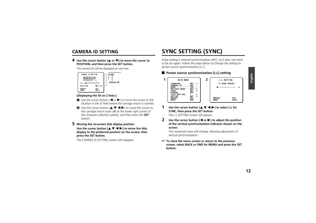 Sanyo vcc-zm300p instruction manual Sync Setting Sync, Camera ID Setting, Power source synchronization L-L setting 