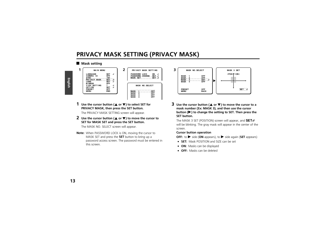 Sanyo vcc-zm300p Privacy Mask Setting Privacy Mask, Mask setting, Use the cursor button j or l to select SET for 