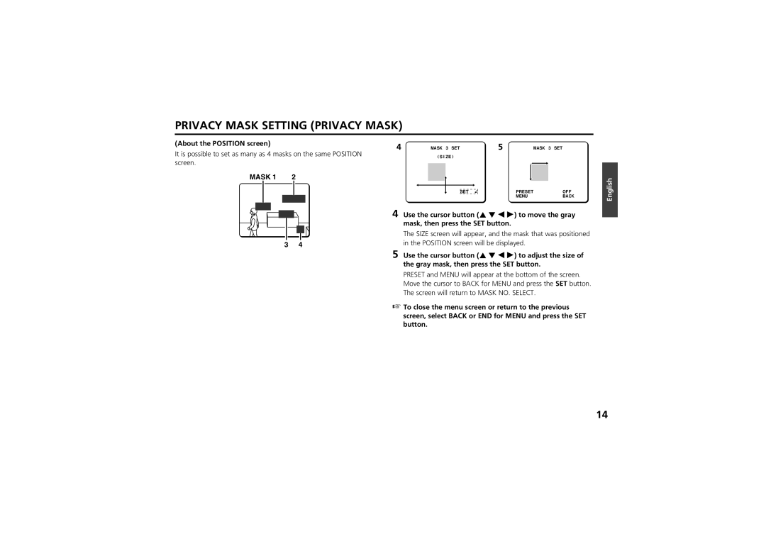 Sanyo vcc-zm300p instruction manual Privacy Mask Setting Privacy Mask, About the Position screen 