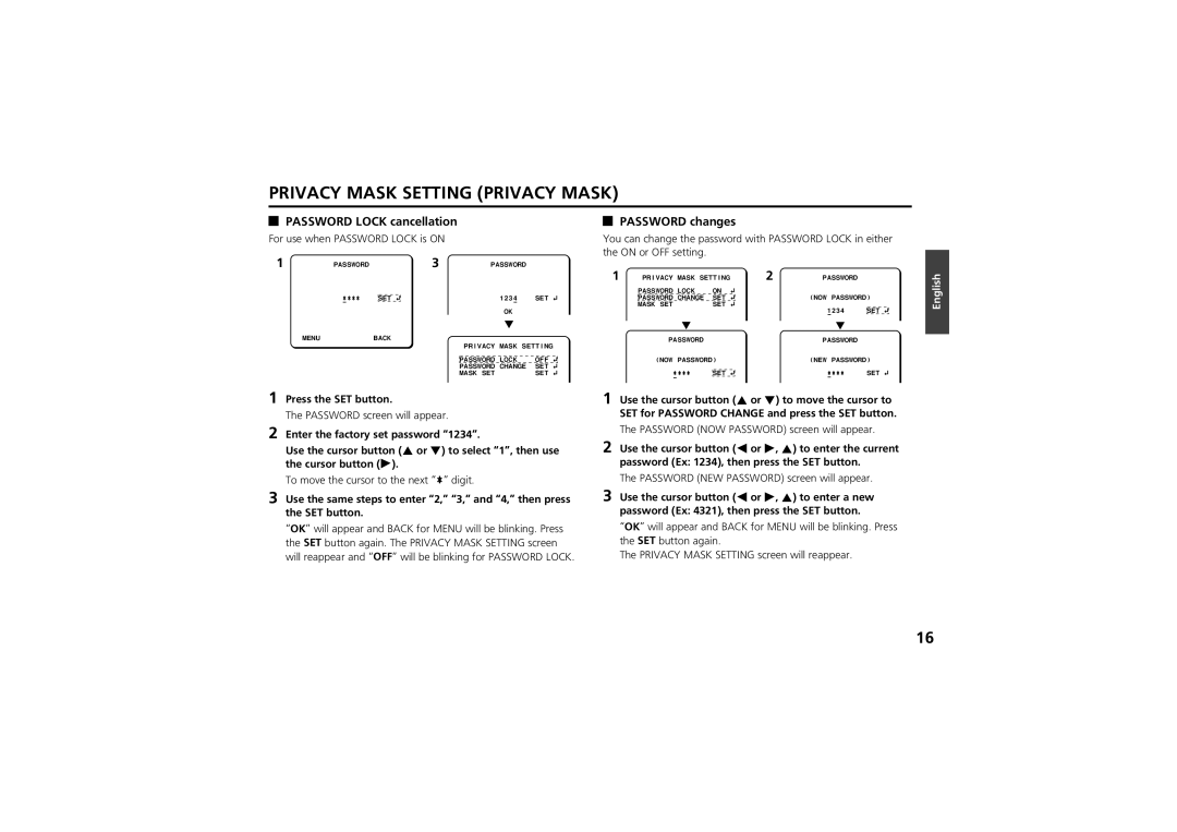 Sanyo vcc-zm300p Password Lock cancellation, Password changes, For use when Password Lock is on, Press the SET button 