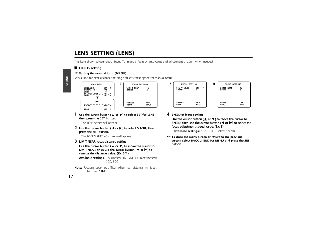 Sanyo vcc-zm300p instruction manual Lens Setting Lens, Focus setting, Setting the manual focus Manu 