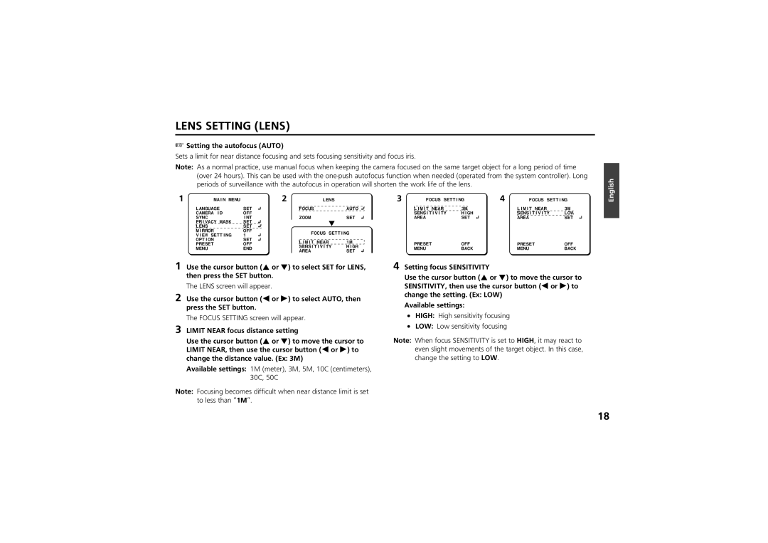 Sanyo vcc-zm300p instruction manual Lens Setting Lens, Setting the autofocus Auto 