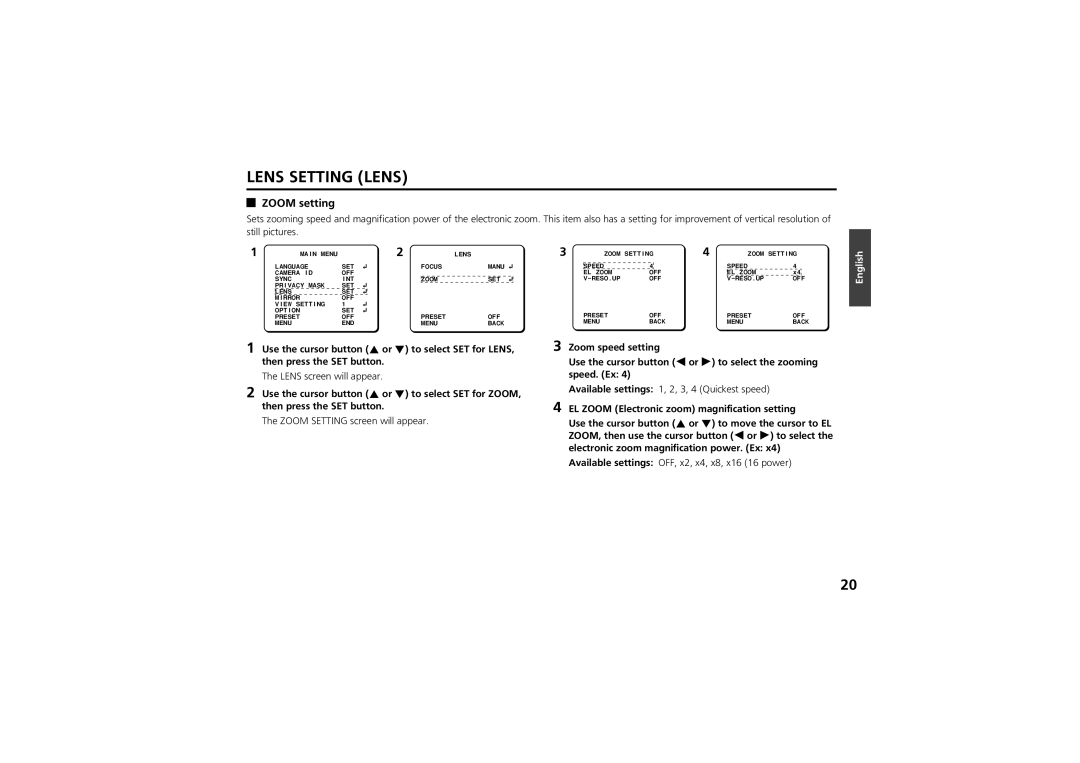 Sanyo vcc-zm300p instruction manual Zoom setting, Still pictures, Zoom Setting screen will appear 