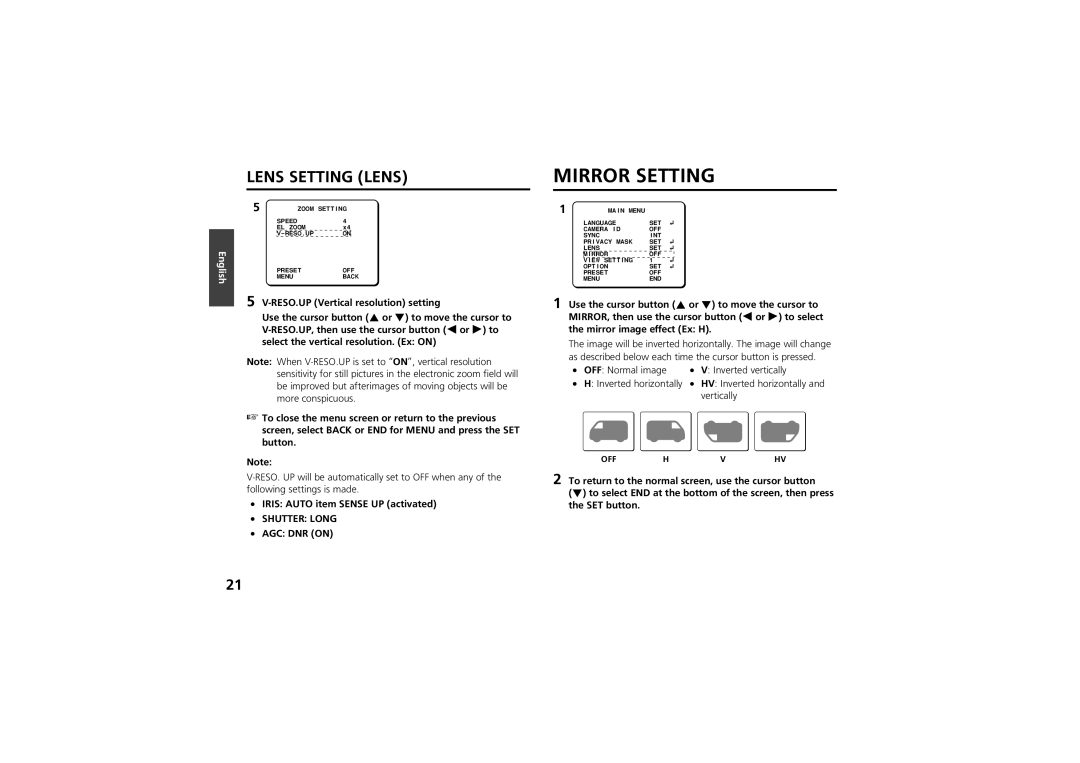 Sanyo vcc-zm300p instruction manual Mirror Setting, Iris Auto item Sense UP activated, OFF Normal image 