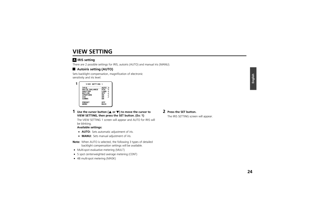 Sanyo vcc-zm300p instruction manual View Setting, Iris setting, Autoiris setting Auto 