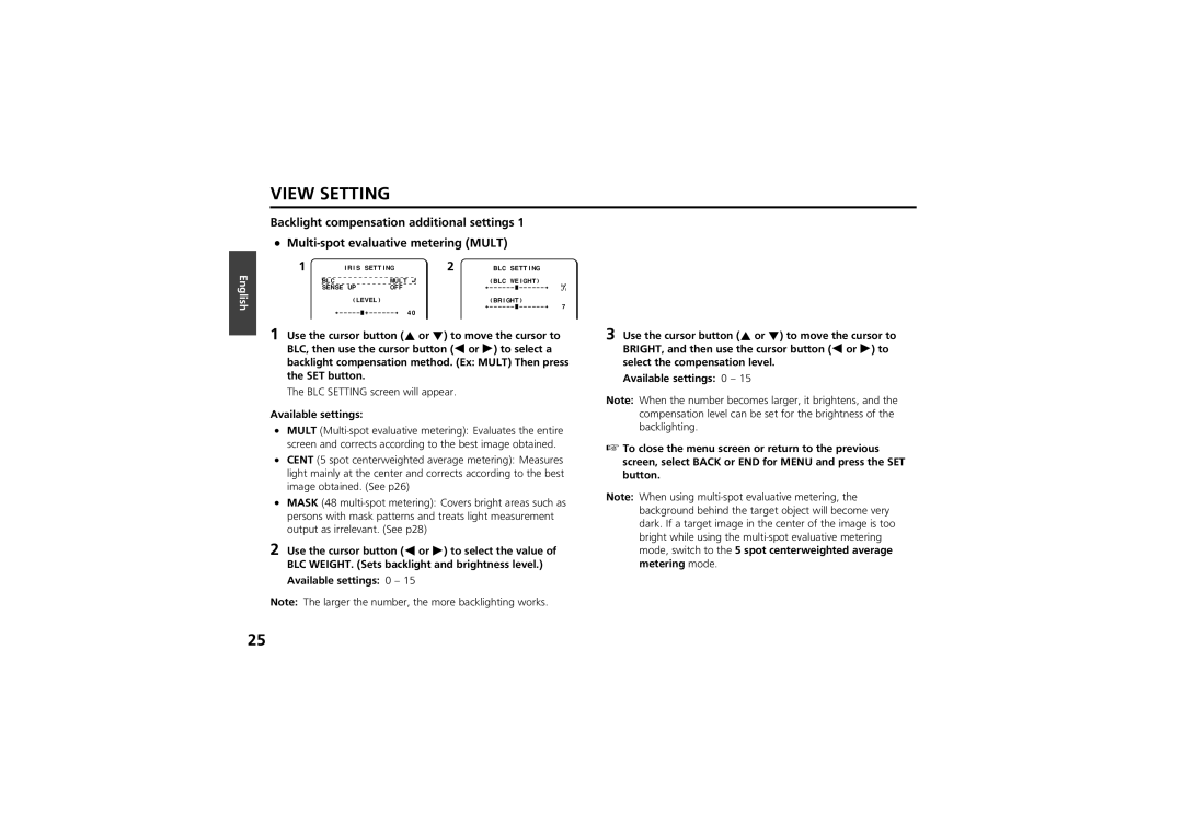 Sanyo vcc-zm300p instruction manual View Setting, BLC Setting screen will appear 