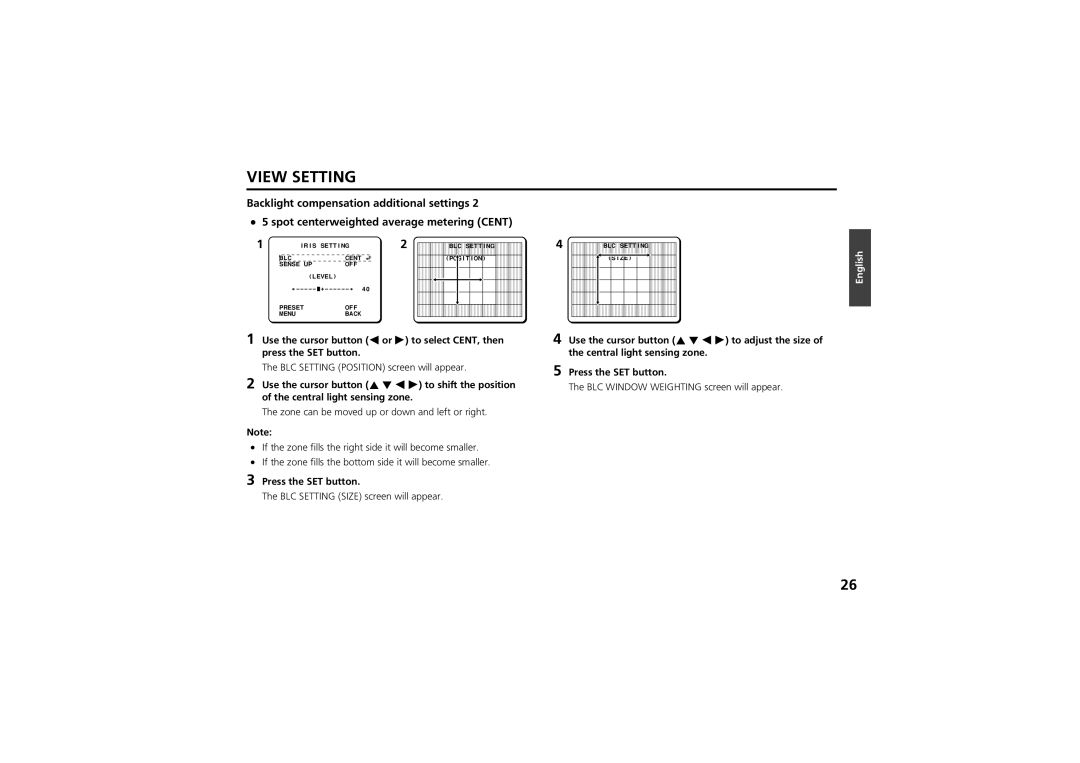 Sanyo vcc-zm300p instruction manual BLC Setting Position screen will appear, BLC Setting Size screen will appear 