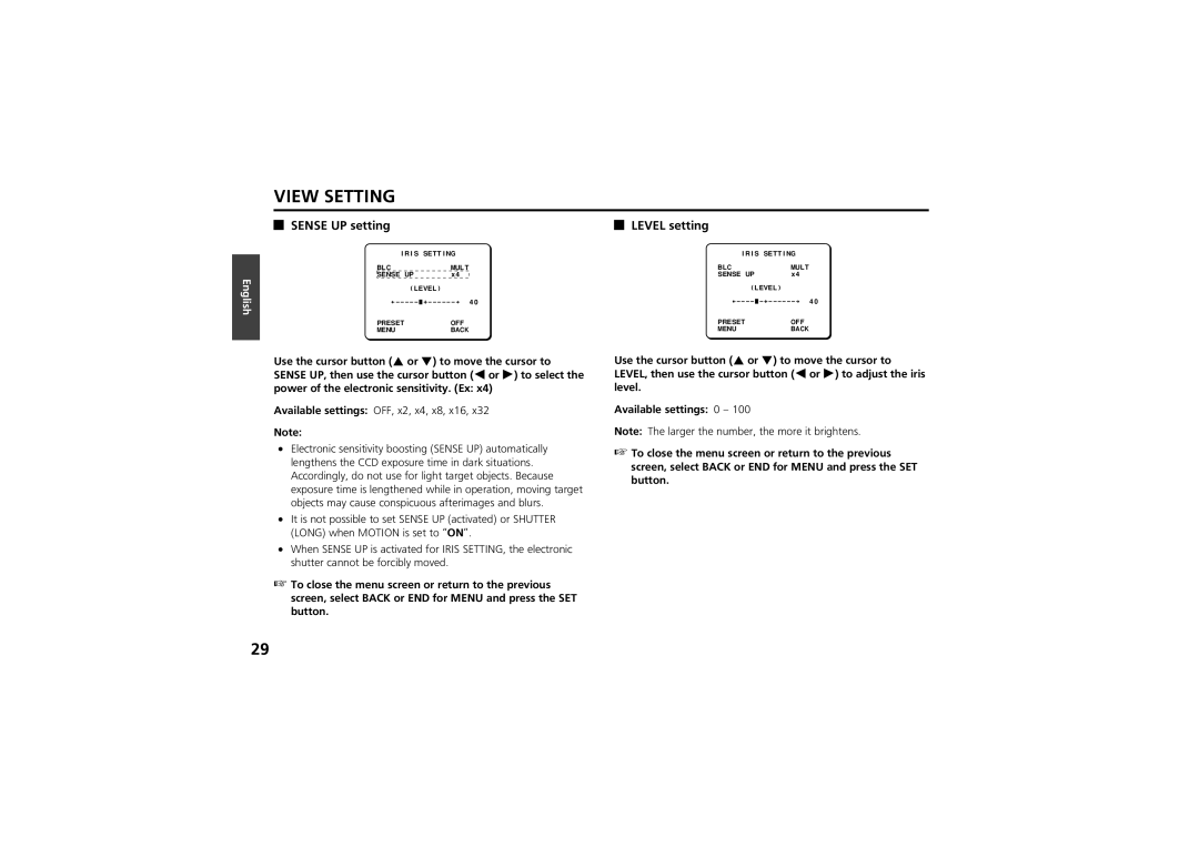 Sanyo vcc-zm300p instruction manual Sense UP setting Level setting, Available settings OFF, x2, x4, x8, x16 