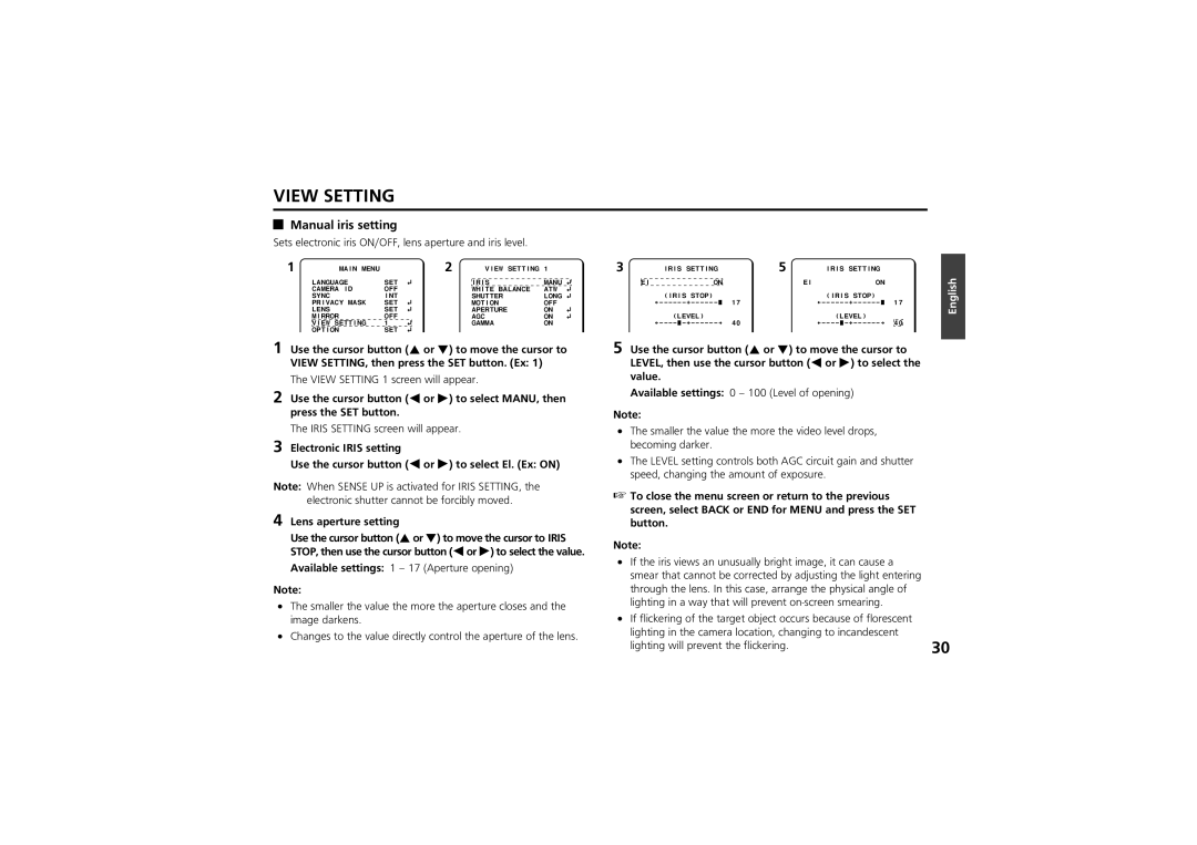 Sanyo vcc-zm300p instruction manual Manual iris setting, Sets electronic iris ON/OFF, lens aperture and iris level 