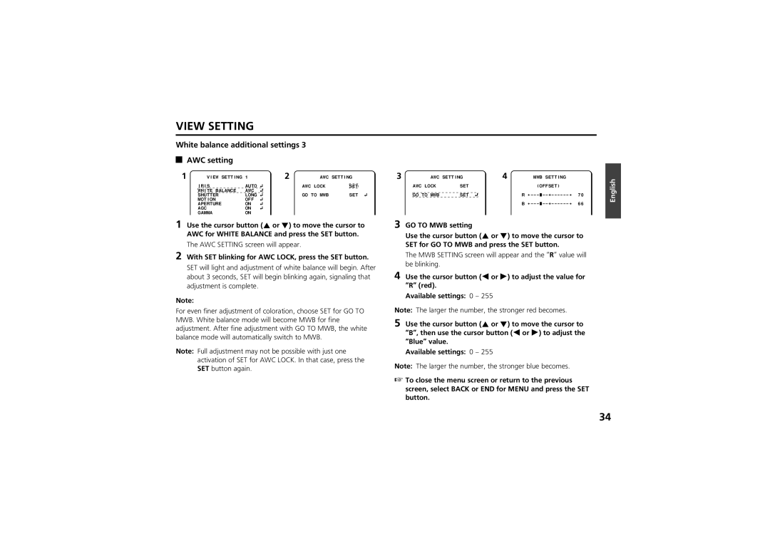 Sanyo vcc-zm300p instruction manual White balance additional settings AWC setting 