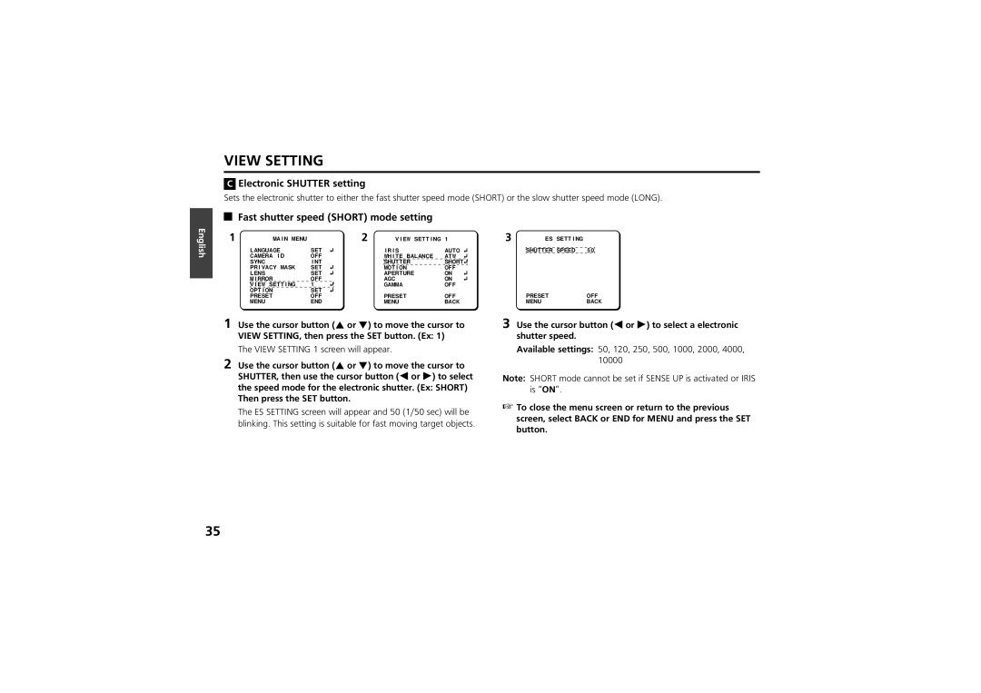 Sanyo vcc-zm300p instruction manual Electronic Shutter setting, Fast shutter speed Short mode setting 