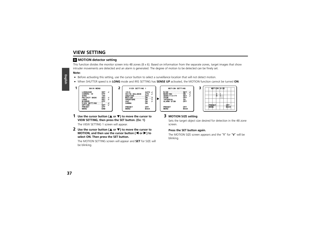 Sanyo vcc-zm300p instruction manual Motion detector setting, Select ON. Then press the SET button, Blinking, Be blinking 