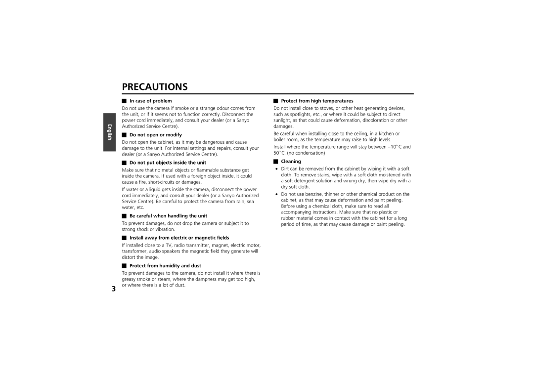 Sanyo vcc-zm300p instruction manual Precautions 