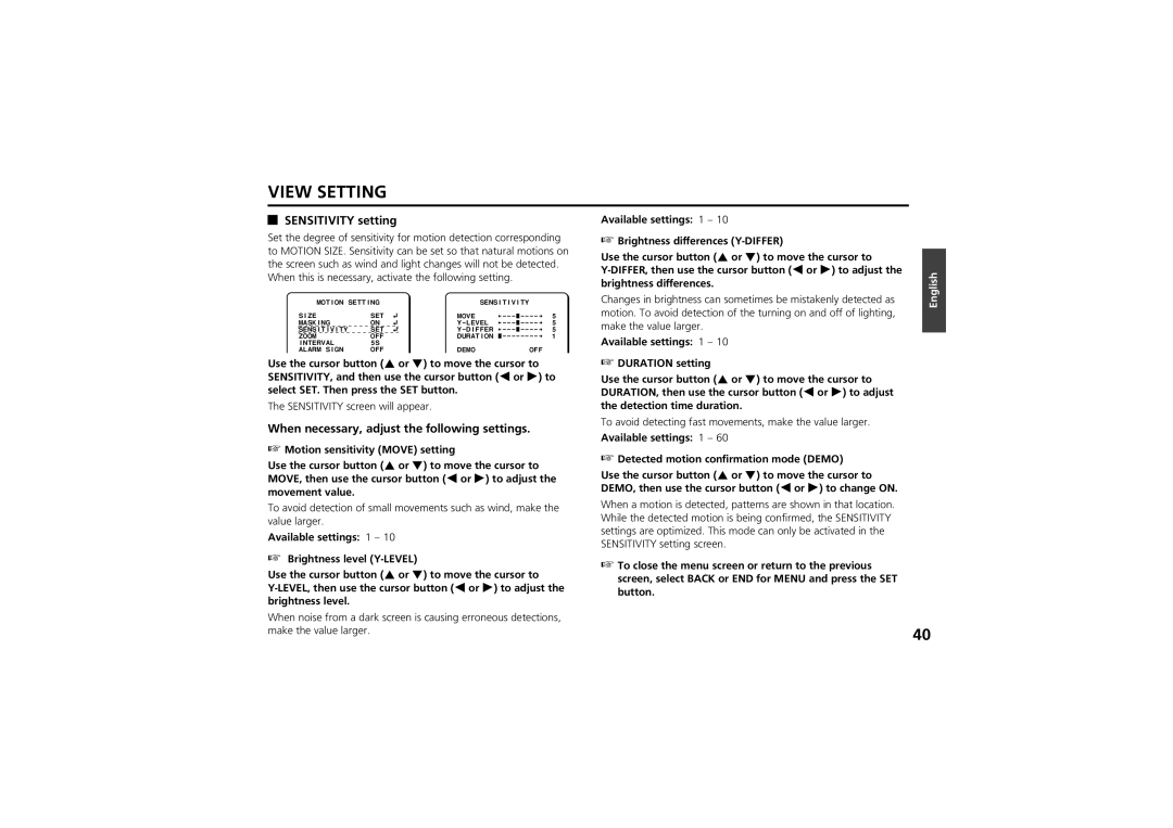 Sanyo vcc-zm300p Sensitivity setting, When necessary, adjust the following settings, Sensitivity screen will appear 