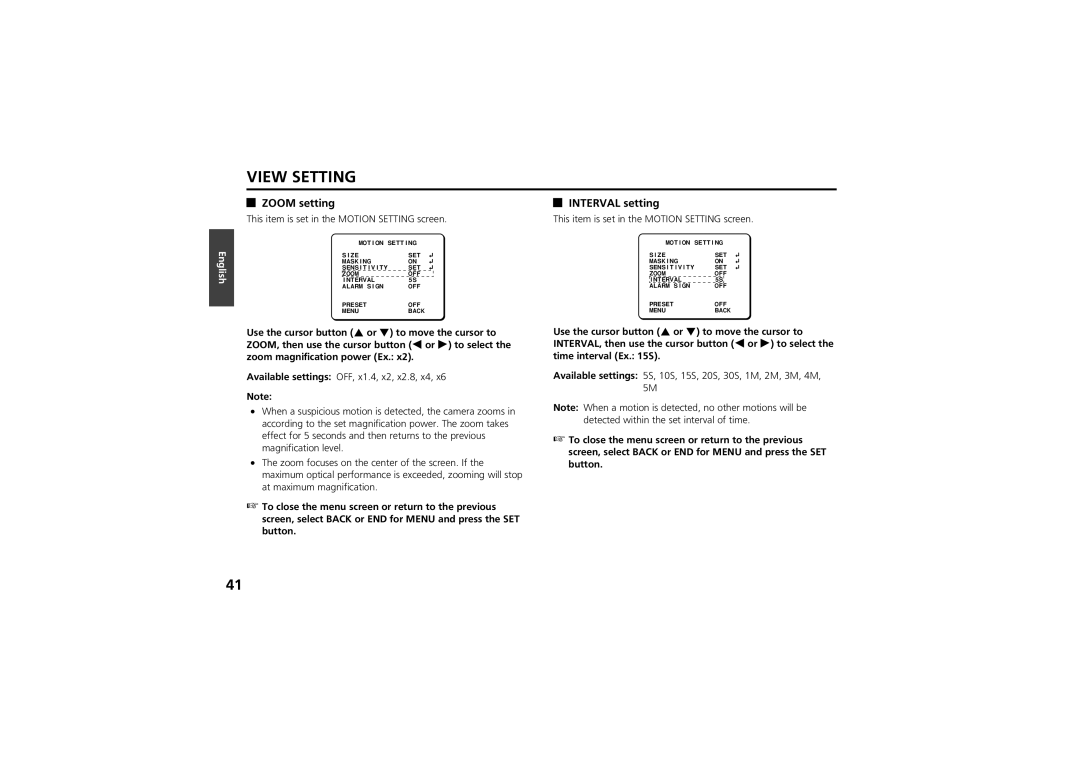 Sanyo vcc-zm300p instruction manual Interval setting, This item is set in the Motion Setting screen 