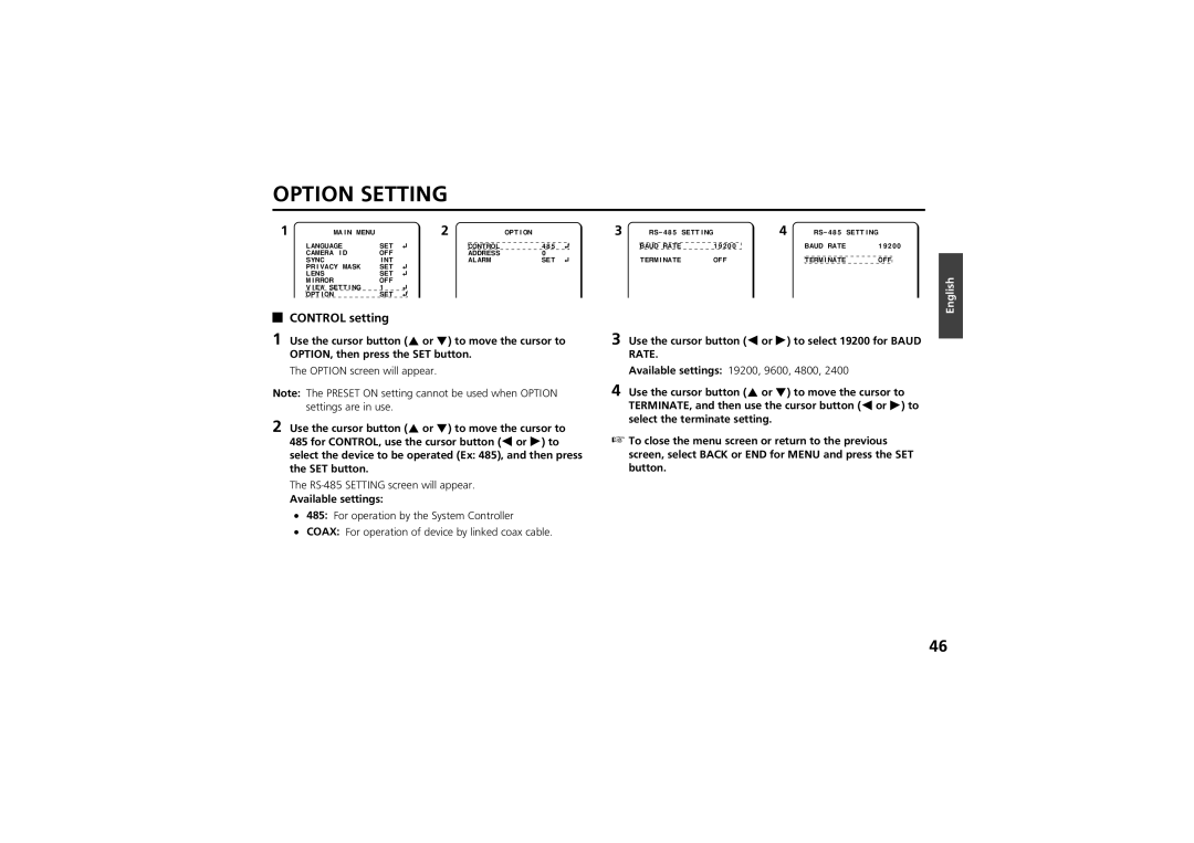 Sanyo vcc-zm300p Option Setting, Control setting, RS-485 Setting screen will appear, Available settings 19200, 9600, 4800 