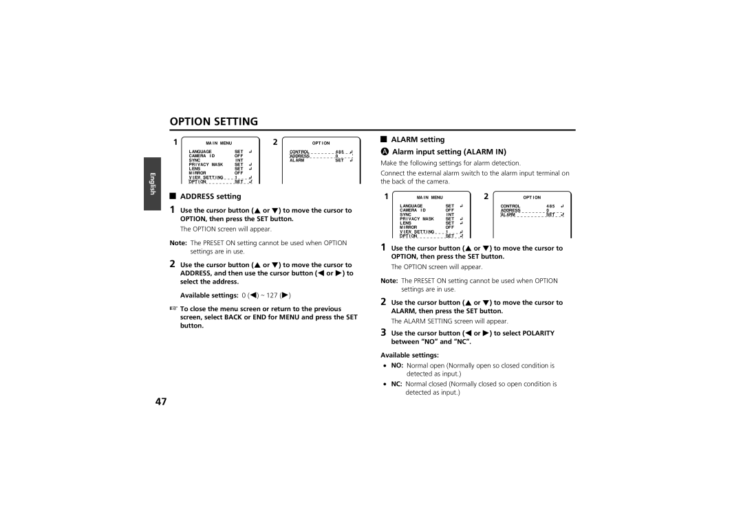 Sanyo vcc-zm300p instruction manual Option Setting, Alarm setting Alarm input setting Alarm, Address setting 