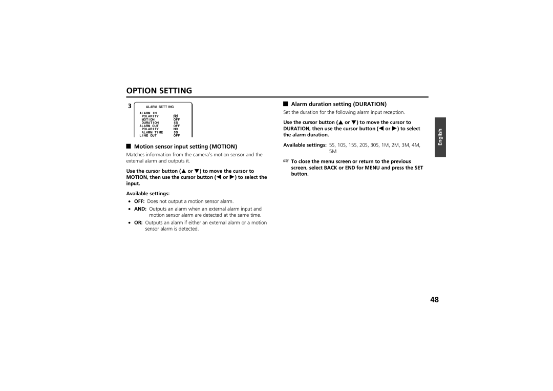 Sanyo vcc-zm300p instruction manual Motion sensor input setting Motion, Alarm duration setting Duration 