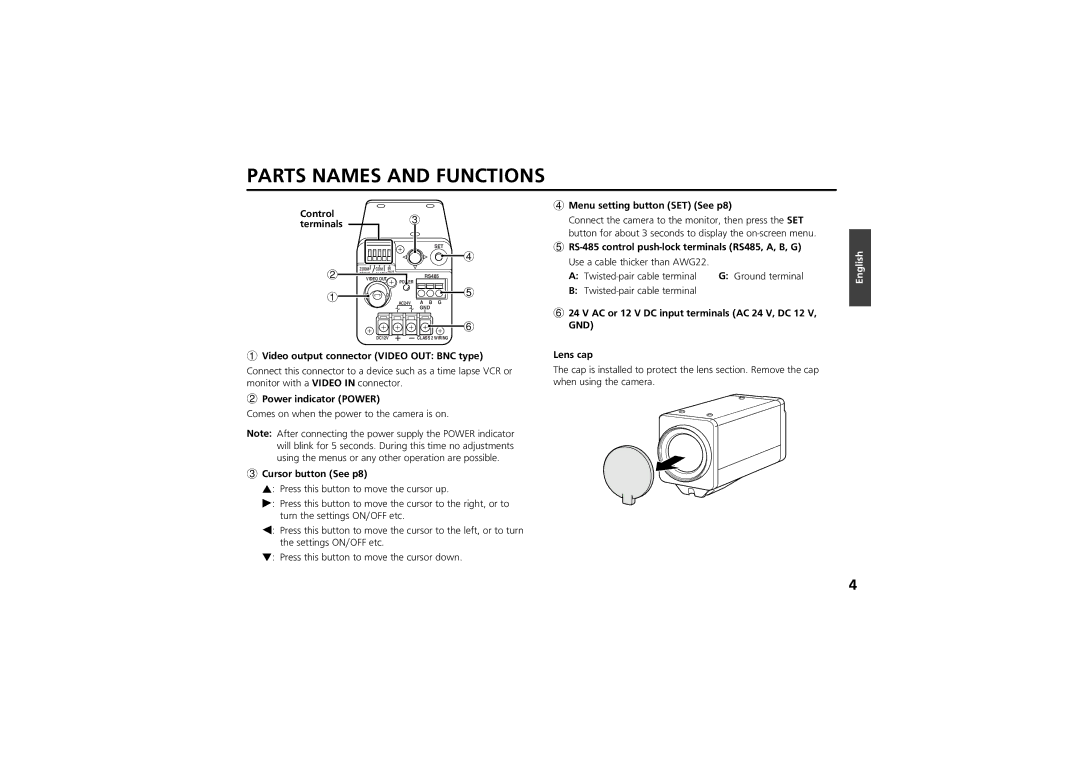 Sanyo vcc-zm300p instruction manual Parts Names and Functions 