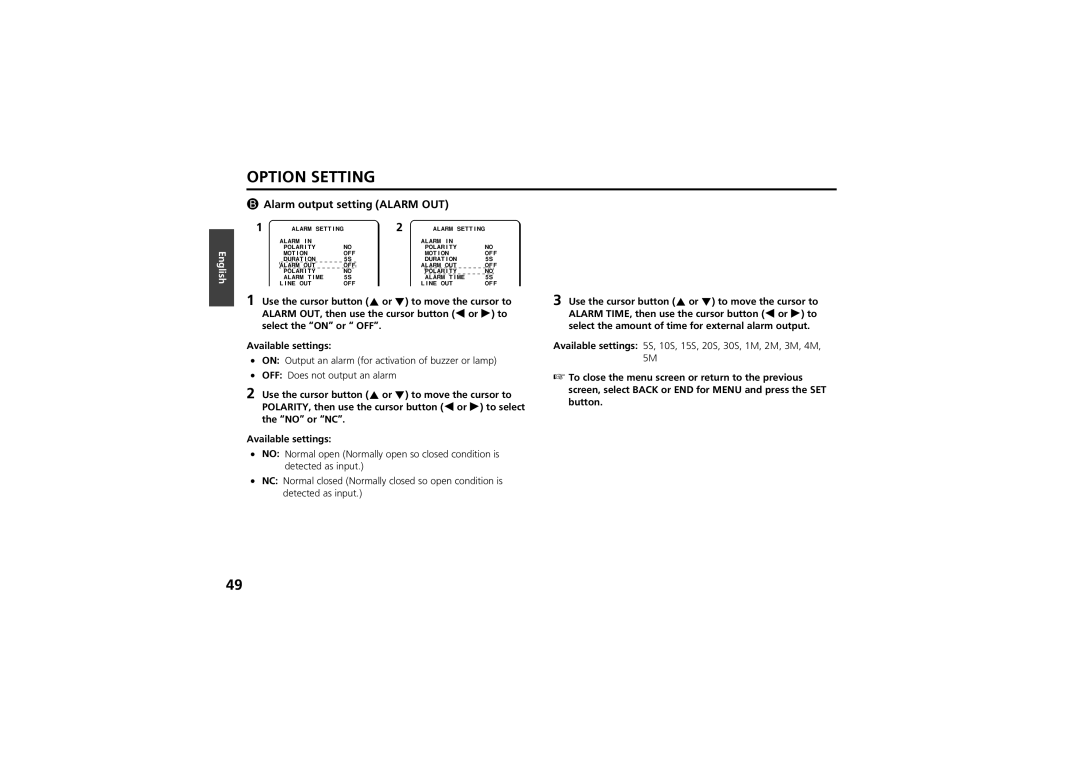 Sanyo vcc-zm300p instruction manual Alarm output setting Alarm OUT 