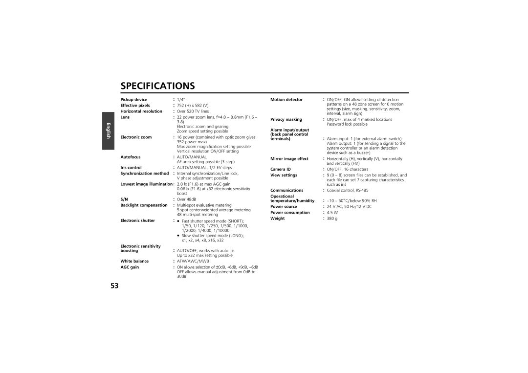 Sanyo vcc-zm300p instruction manual Specifications, Electronic zoom 