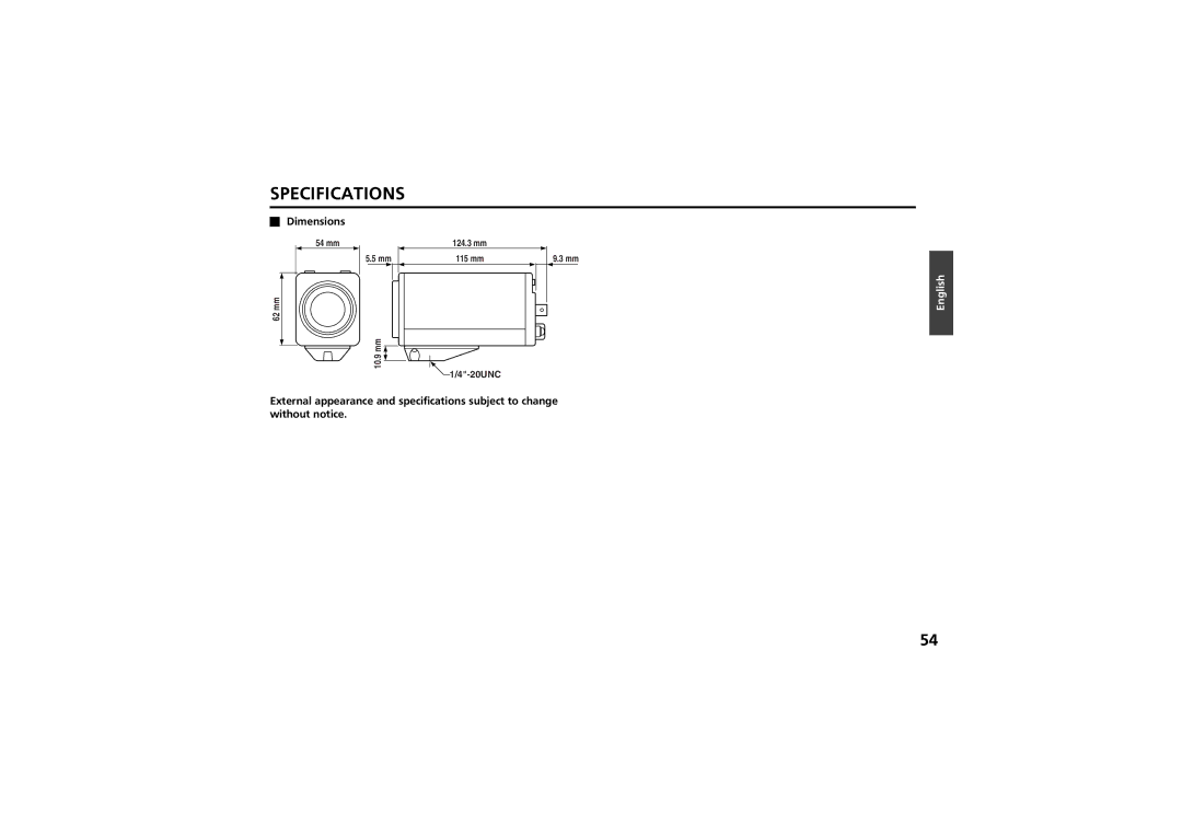 Sanyo vcc-zm300p instruction manual Specifications, Dimensions 