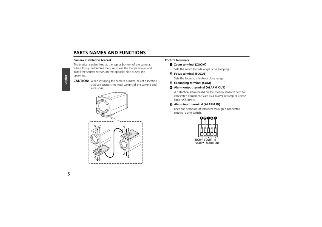 Sanyo vcc-zm300p instruction manual Parts Names and Functions 