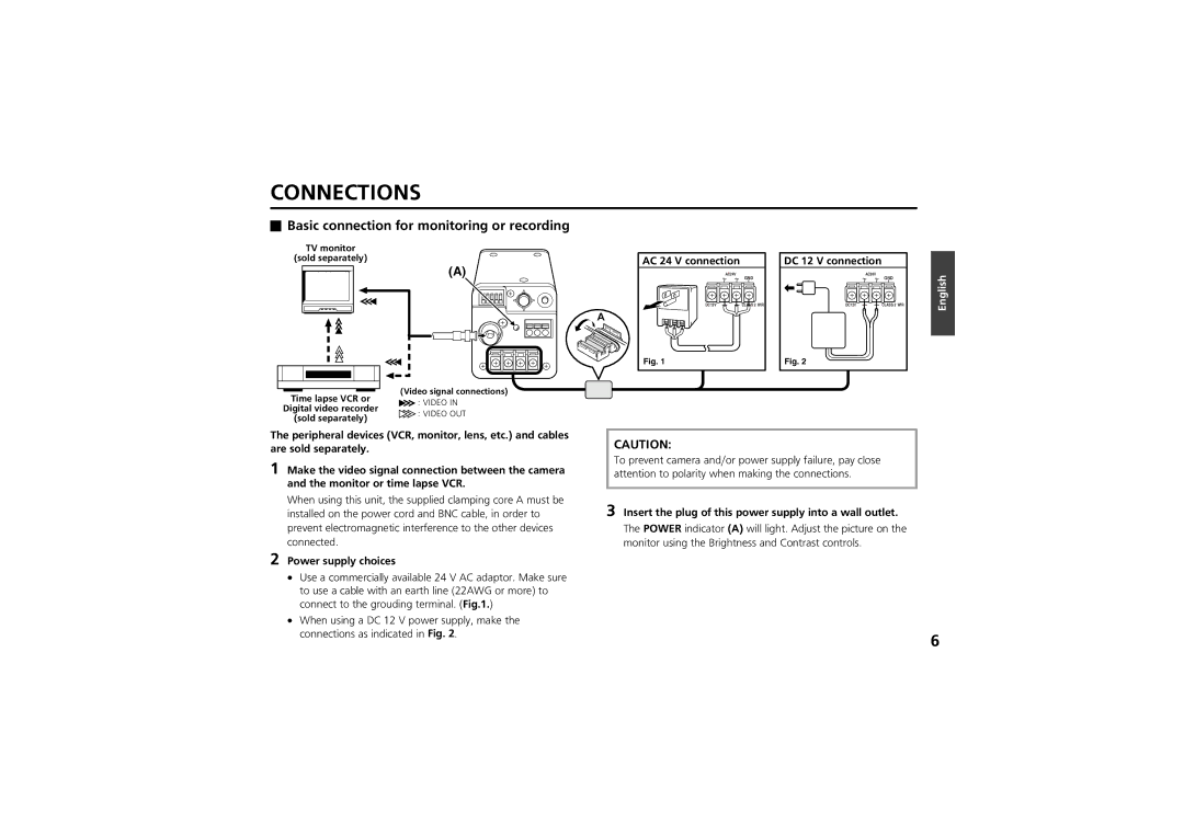 Sanyo vcc-zm300p instruction manual Connections, AC 24 V connection, DC 12 V connection, Power supply choices 