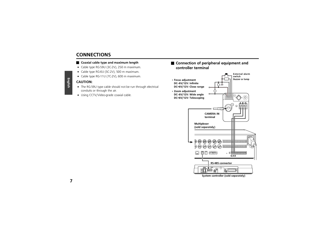 Sanyo vcc-zm300p instruction manual Connections, Coaxial cable type and maximum length 