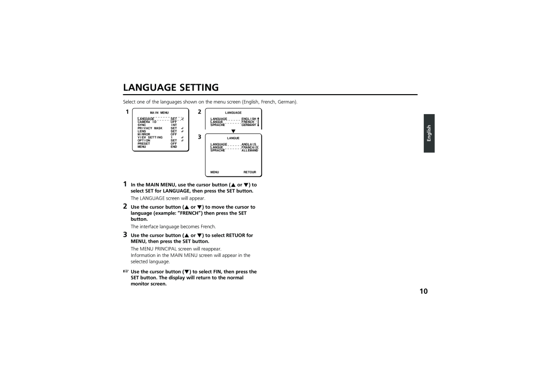 Sanyo vcc-zm300p instruction manual Language Setting, English 