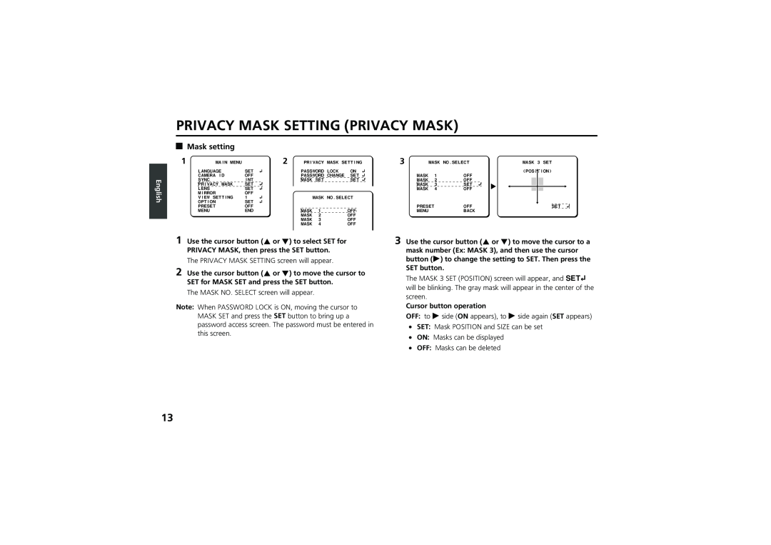 Sanyo vcc-zm300p instruction manual Privacy Mask Setting Privacy Mask, Mask setting, English 