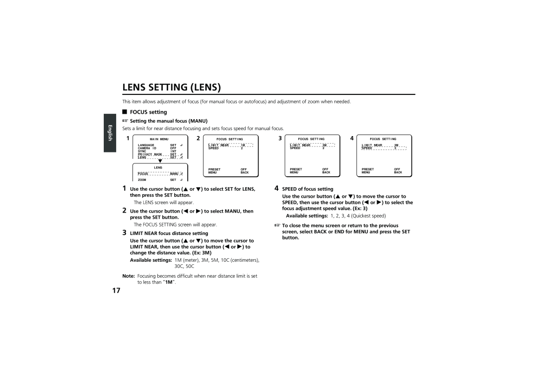 Sanyo vcc-zm300p instruction manual Lens Setting Lens, FOCUS setting 
