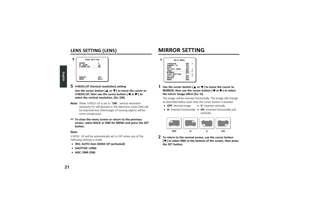 Sanyo vcc-zm300p instruction manual Mirror Setting, Lens Setting Lens, English 