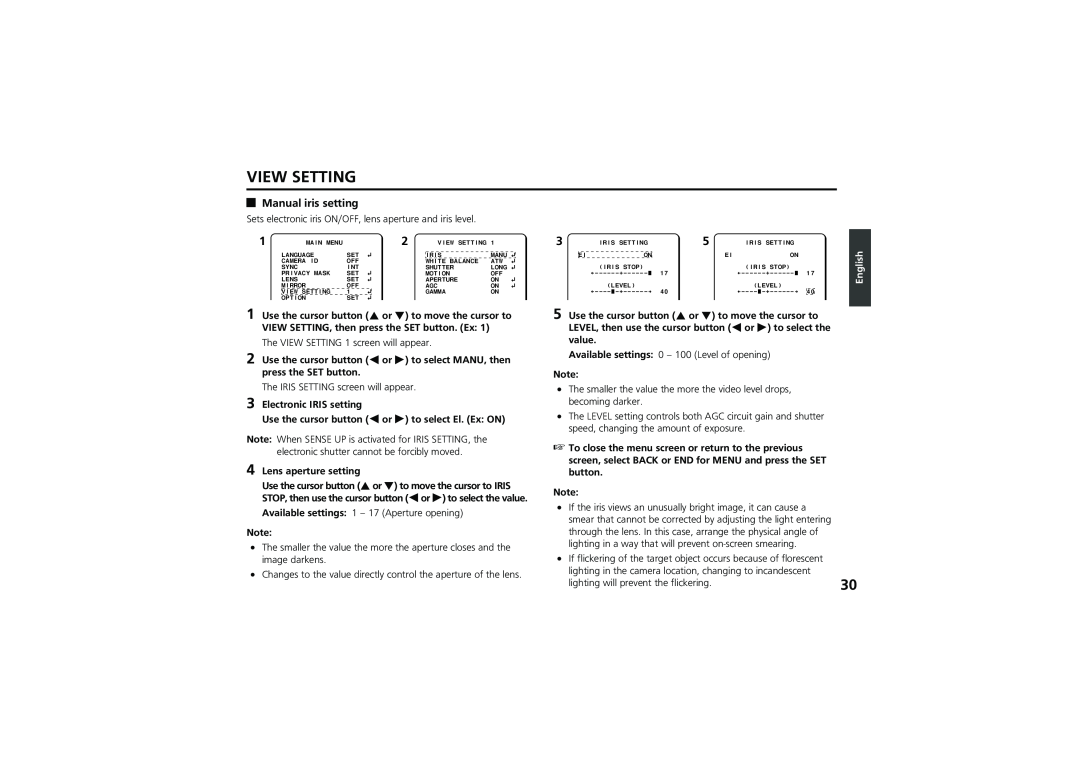 Sanyo vcc-zm300p instruction manual Manual iris setting, View Setting, English 