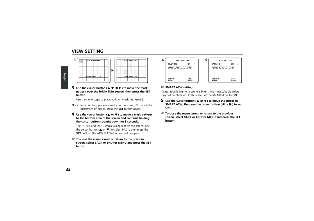 Sanyo vcc-zm300p instruction manual View Setting, English, SMART ATW setting 