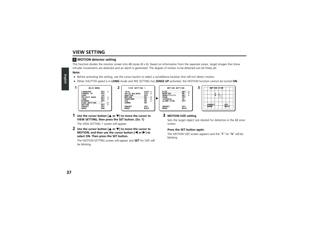 Sanyo vcc-zm300p instruction manual DMOTION detector setting, View Setting, English 
