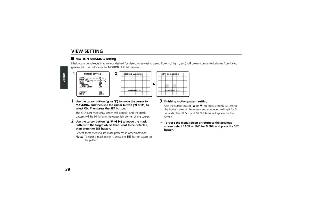 Sanyo vcc-zm300p instruction manual MOTION MASKING setting, View Setting, English 