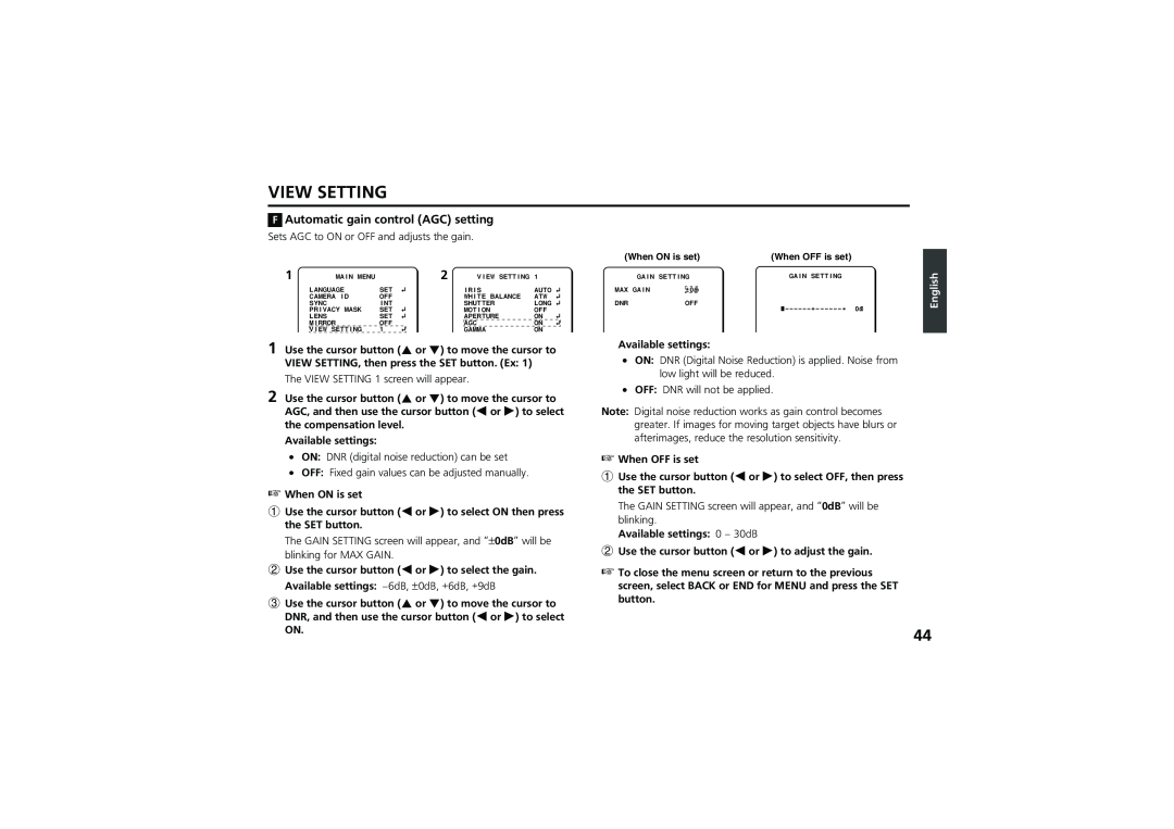 Sanyo vcc-zm300p instruction manual FAutomatic gain control AGC setting, View Setting, English 