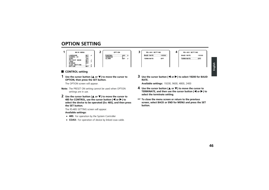 Sanyo vcc-zm300p instruction manual Option Setting, CONTROL setting, English 