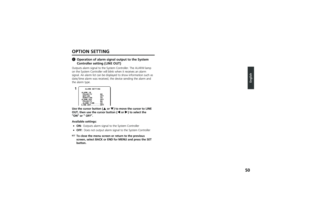 Sanyo vcc-zm300p instruction manual Option Setting, Available settings, English 