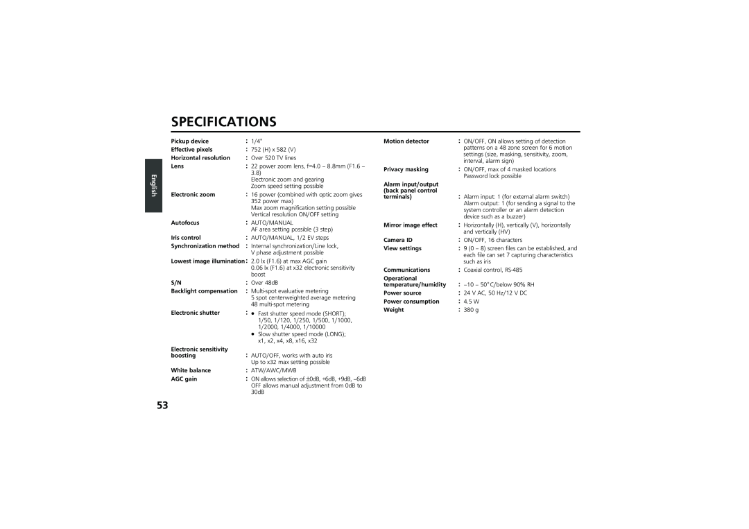 Sanyo vcc-zm300p instruction manual Specifications, English 