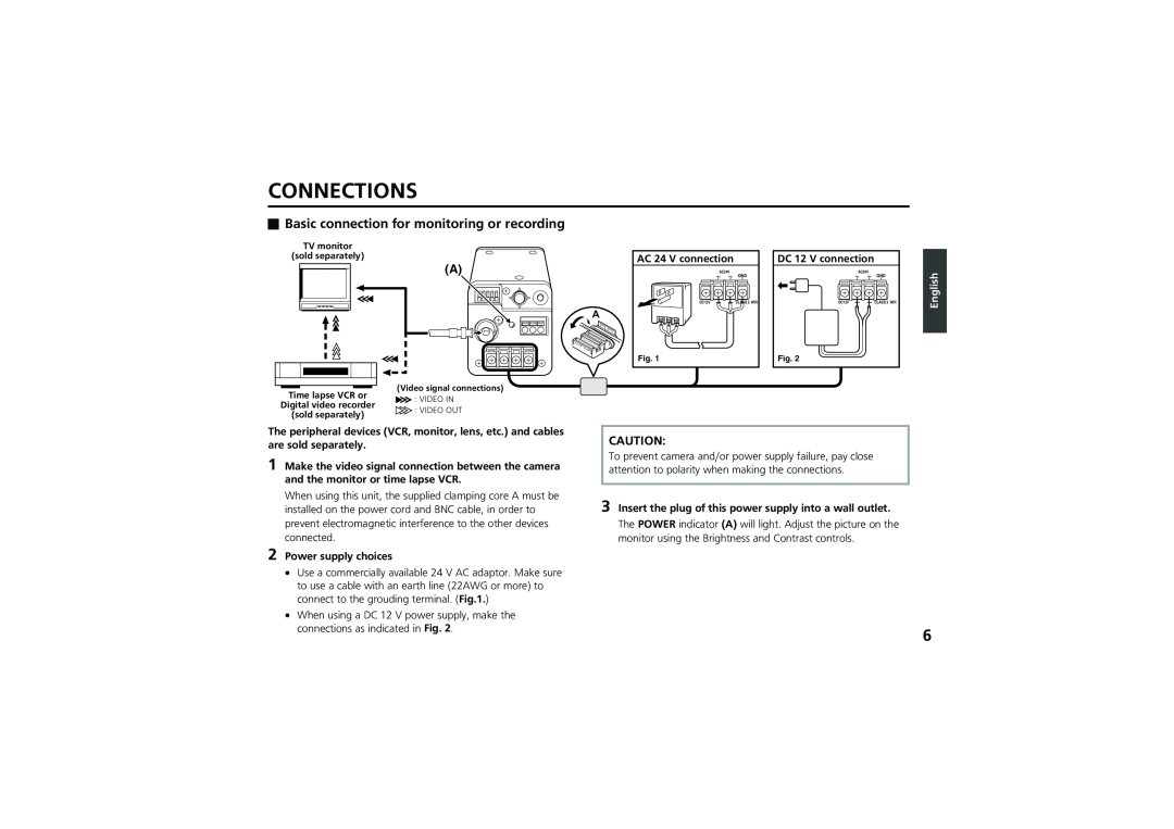Sanyo vcc-zm300p instruction manual Connections, Basic connection for monitoring or recording, English 