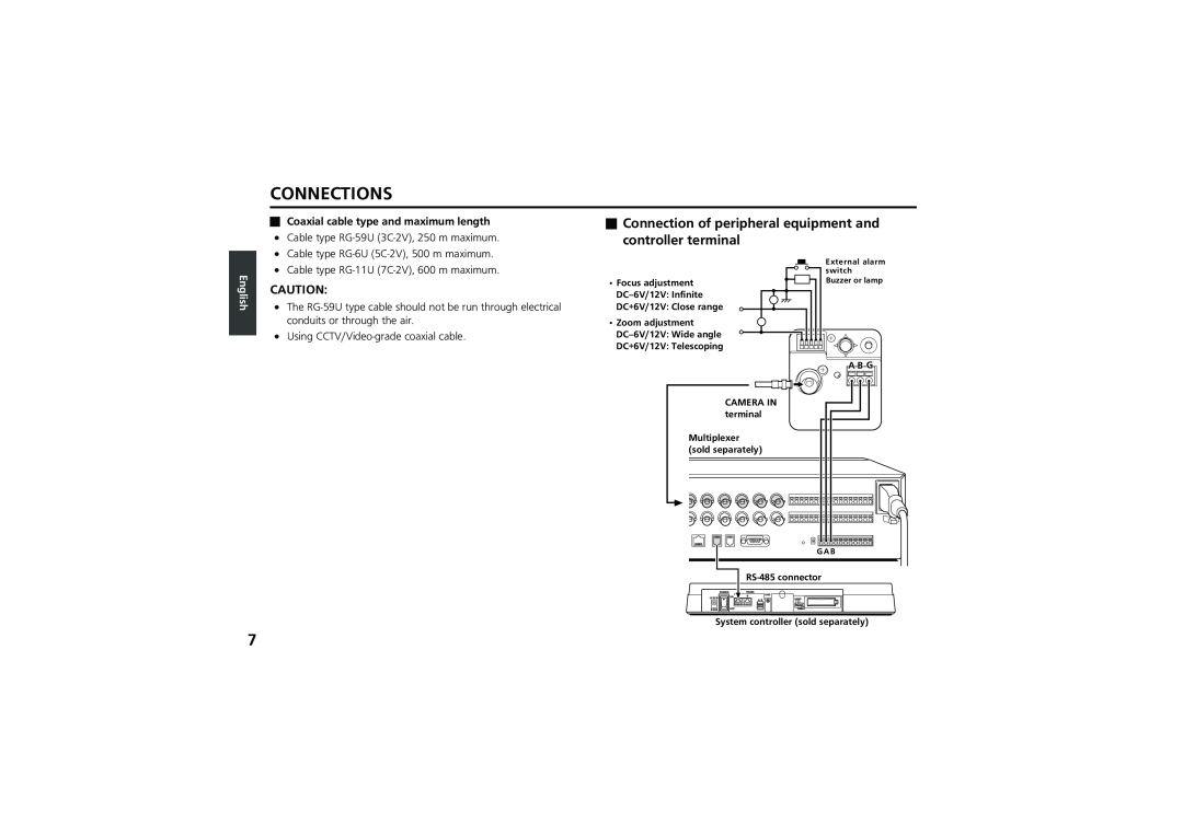 Sanyo vcc-zm300p instruction manual Connections, English, Coaxial cable type and maximum length 