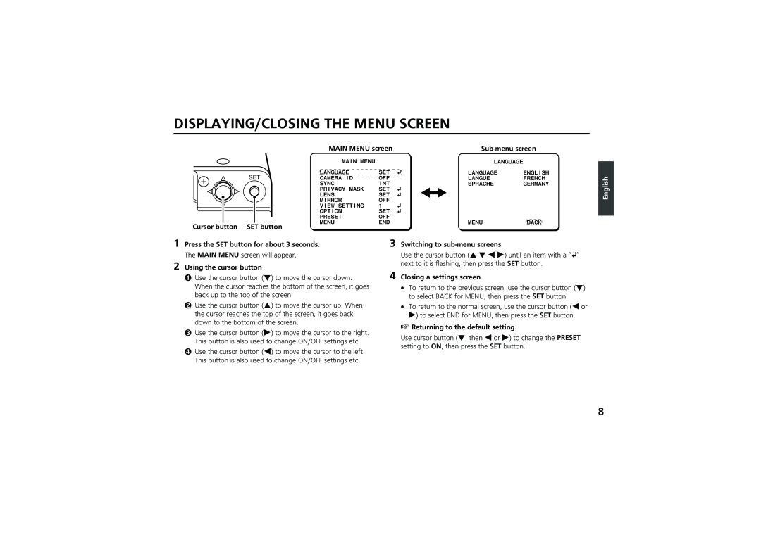 Sanyo vcc-zm300p instruction manual Displaying/Closing The Menu Screen, English 