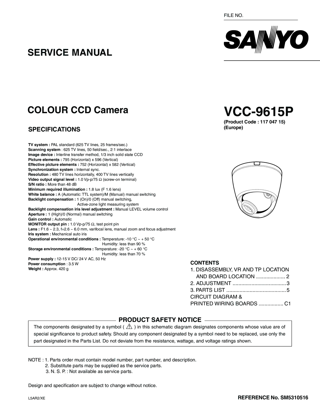 Sanyo VCC9615P service manual Specifications, Product Safety Notice, Contents 