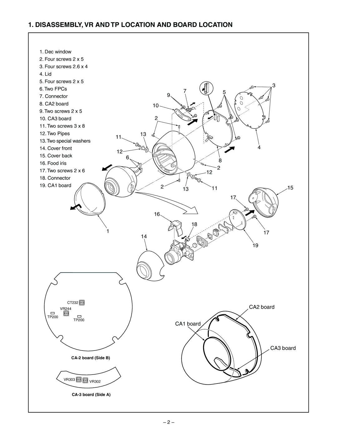 Sanyo VCC9615P service manual DISASSEMBLY, VR and TP Location and Board Location 