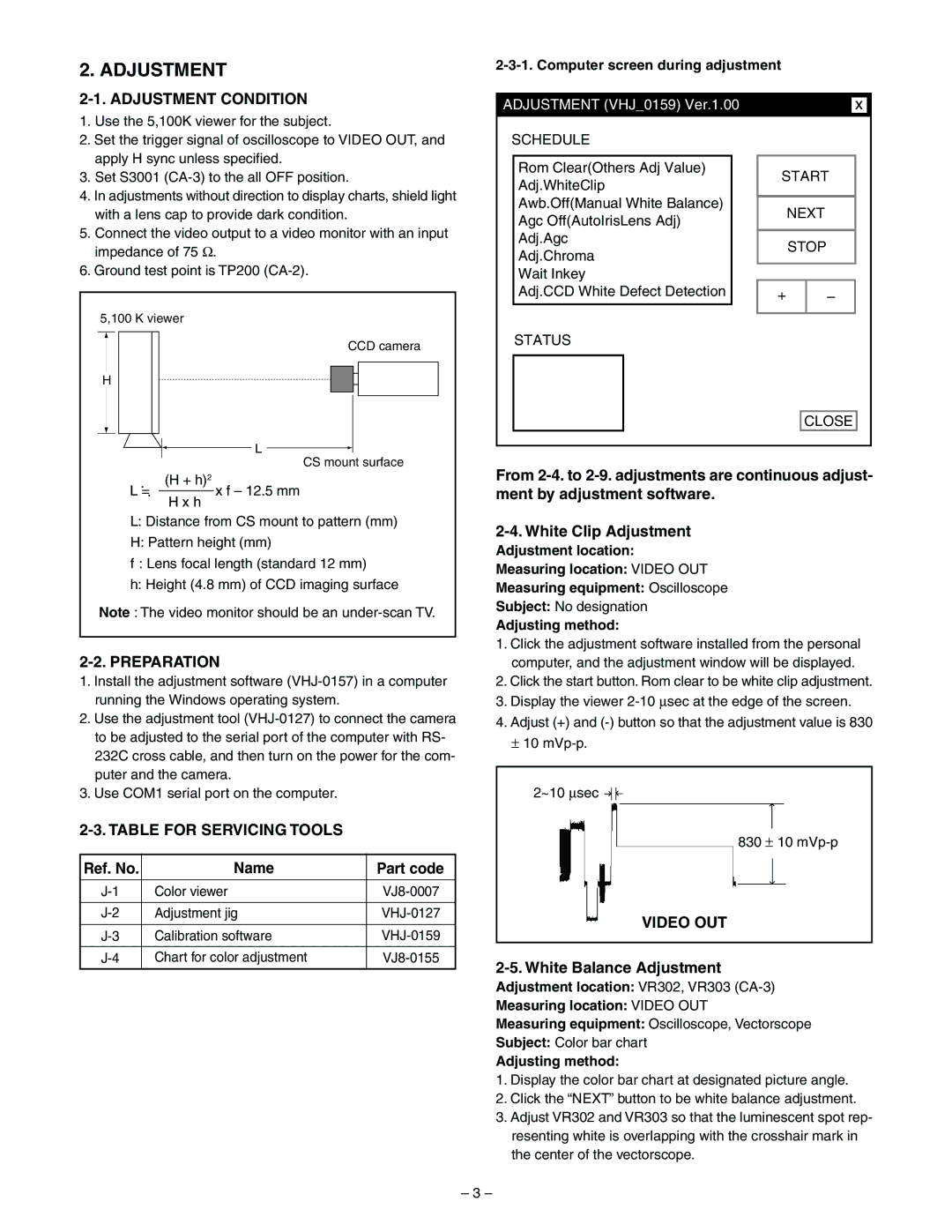 Sanyo VCC9615P service manual Adjustment Condition, Preparation, Table for Servicing Tools, Video OUT 