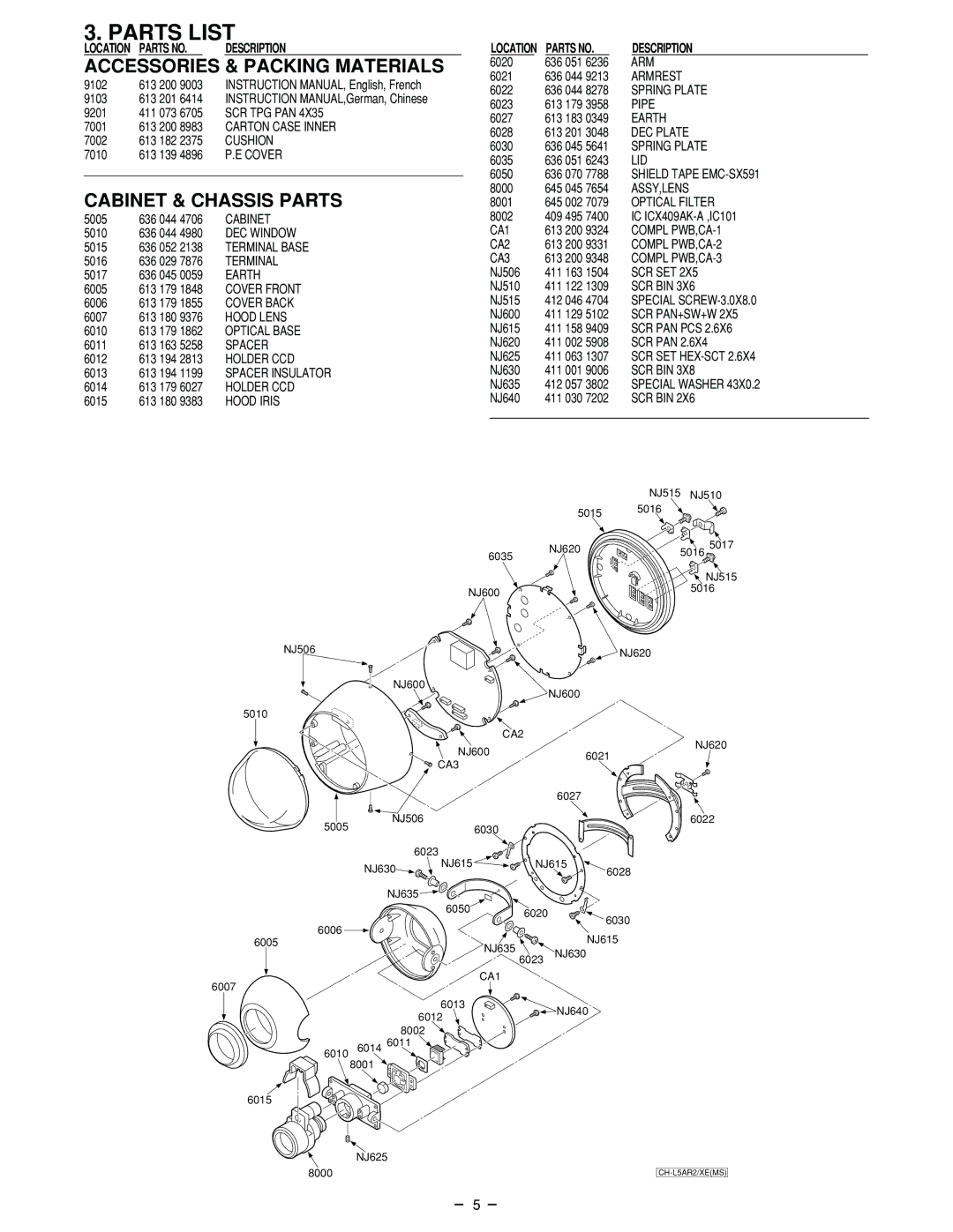 Sanyo VCC9615P service manual Accessories & Packing Materials, Cabinet & Chassis Parts 