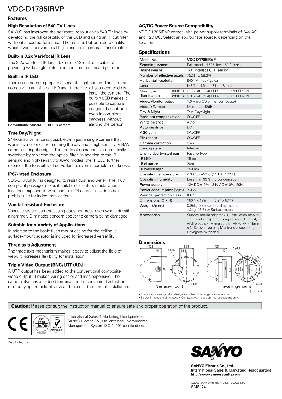 Sanyo VDC-D1785IRVP manual AC/DC Power Source Compatibility, Specifications, Dimensions 