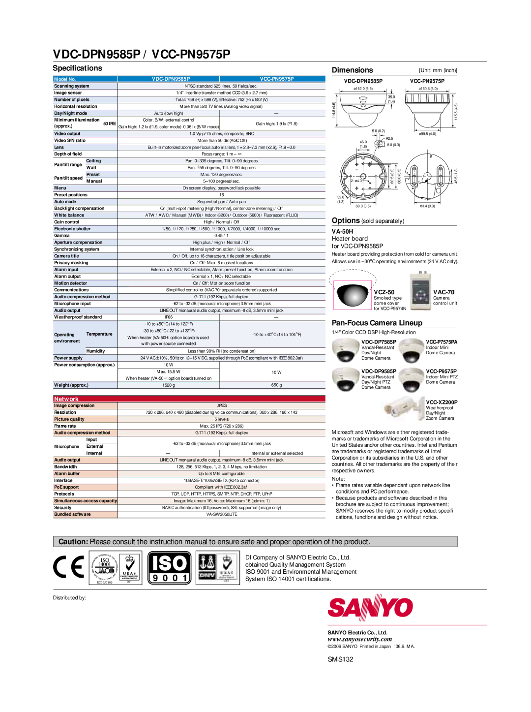 Sanyo VDC-DPN9585P, VCC-PN9575P manual Specifications, Dimensions, Pan-Focus Camera Lineup, VA-50H, VCZ-50 VAC-70 